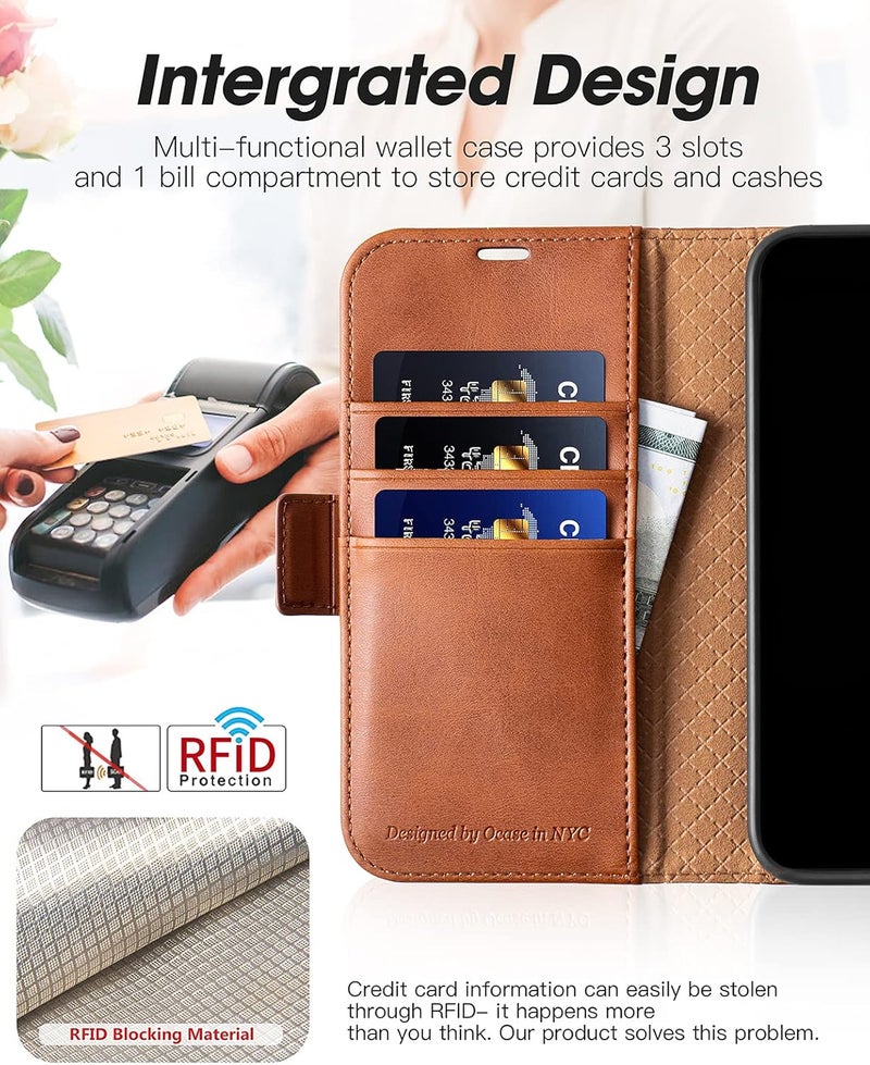 OCASE Retro Series Compatible with iPhone 13 Wallet Case with Card Holders [RFID Blocking][TPU Inner Shell ][Kickstand] PU Leather Flip Folio Shockproof Phone Cover 6.1 inch 2021 (Brown) - Image 3